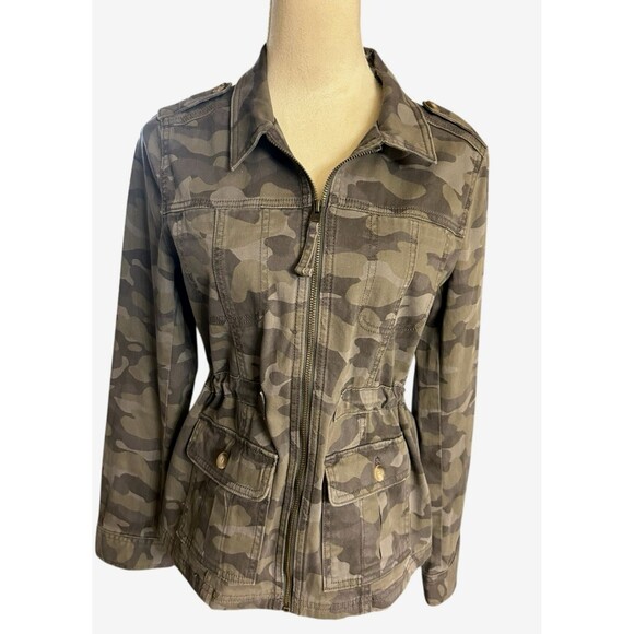 Express Womens Military Green Brown Camouflage Full Zip  Drawstring Jacket Sz S - Picture 1 of 15